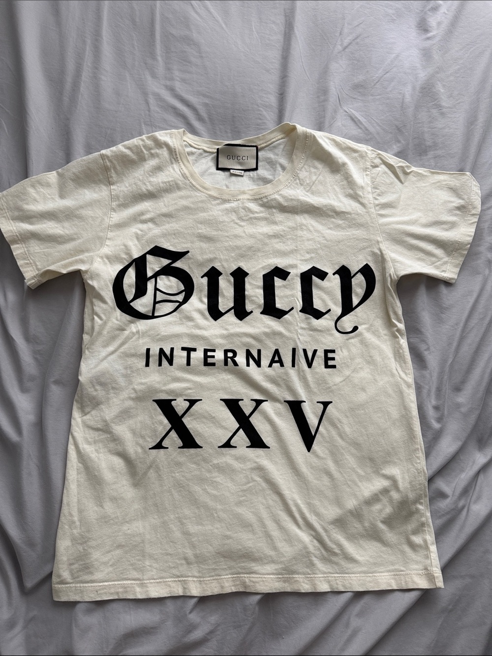 Gucci Cream Short-Sleeve Logo Tee with Black Print